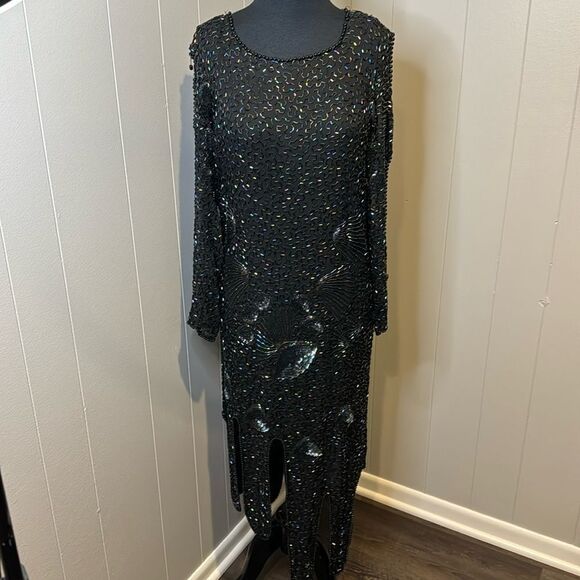 Stunning vintage beaded sequin black plung draped back neckline panel hem midi - Picture 3 of 13